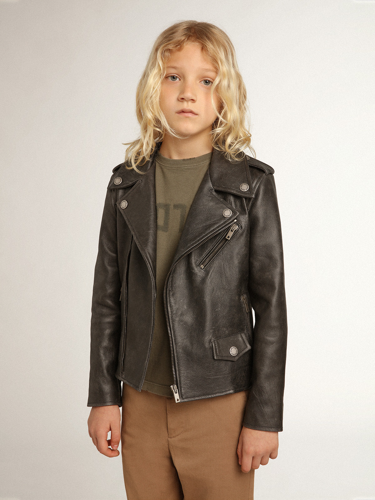 Boys' biker jacket in distressed leather| Golden Goose