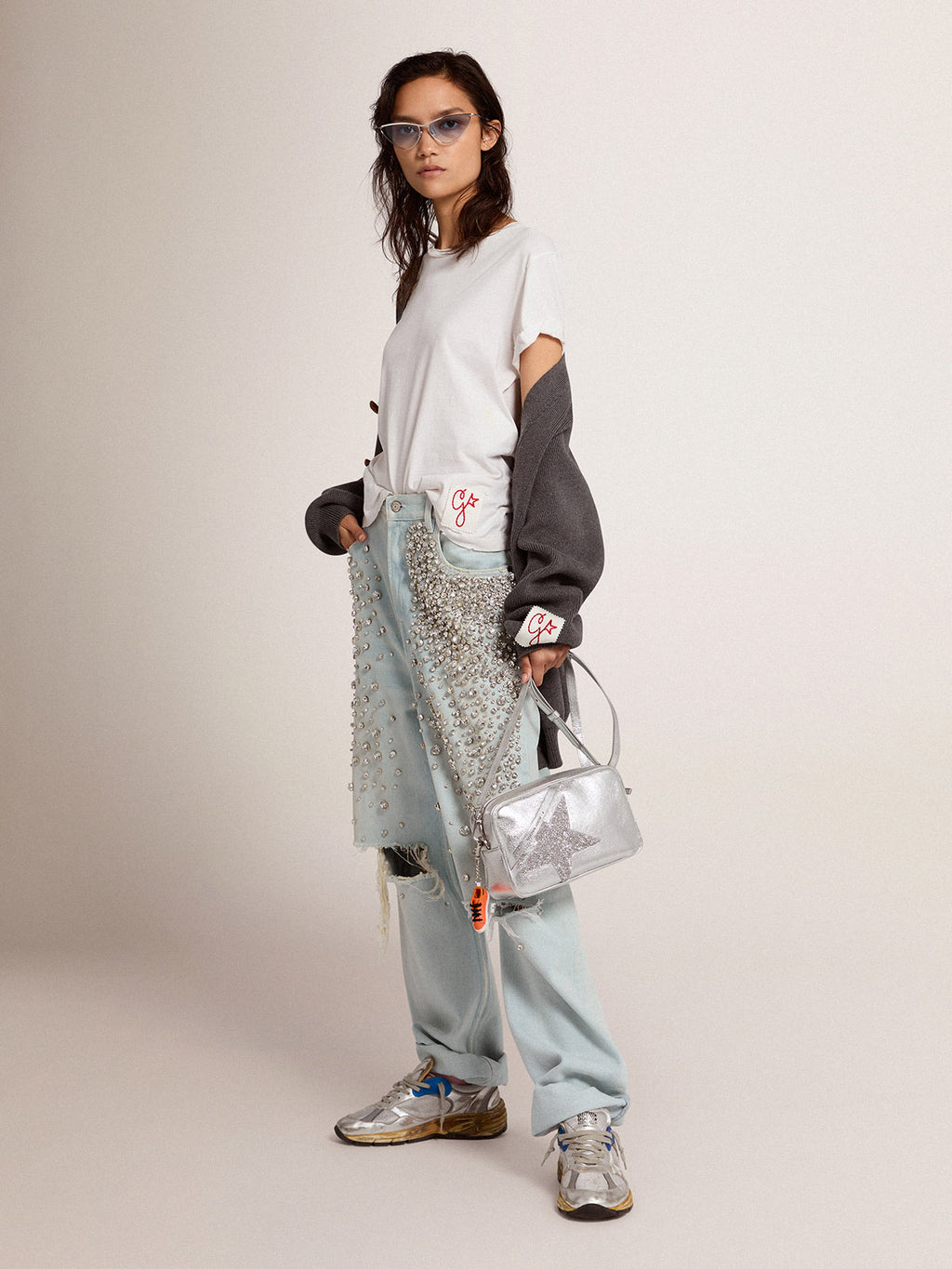 Silver Star Bag made of laminated leather with Swarovski star| Golden Goose
