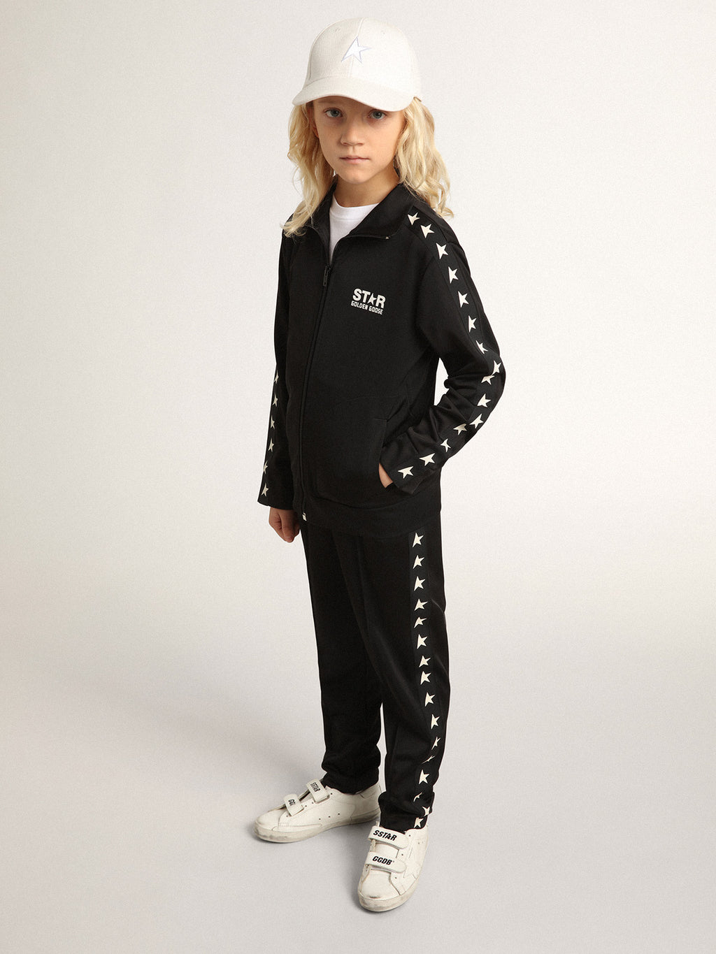 Black zipped sweatshirt with contrasting white stars| Golden Goose