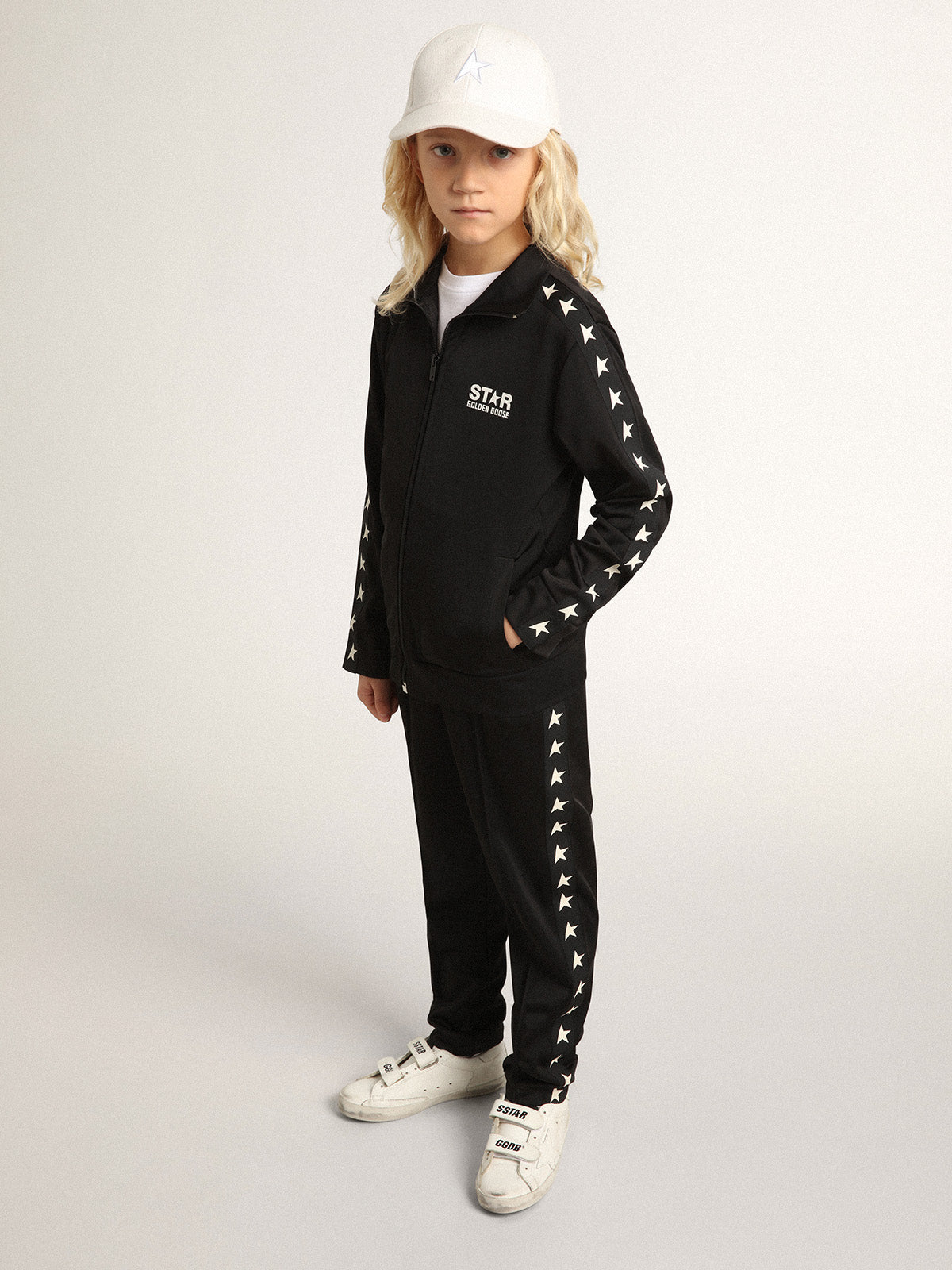 Black zipped sweatshirt with contrasting white stars| Golden Goose