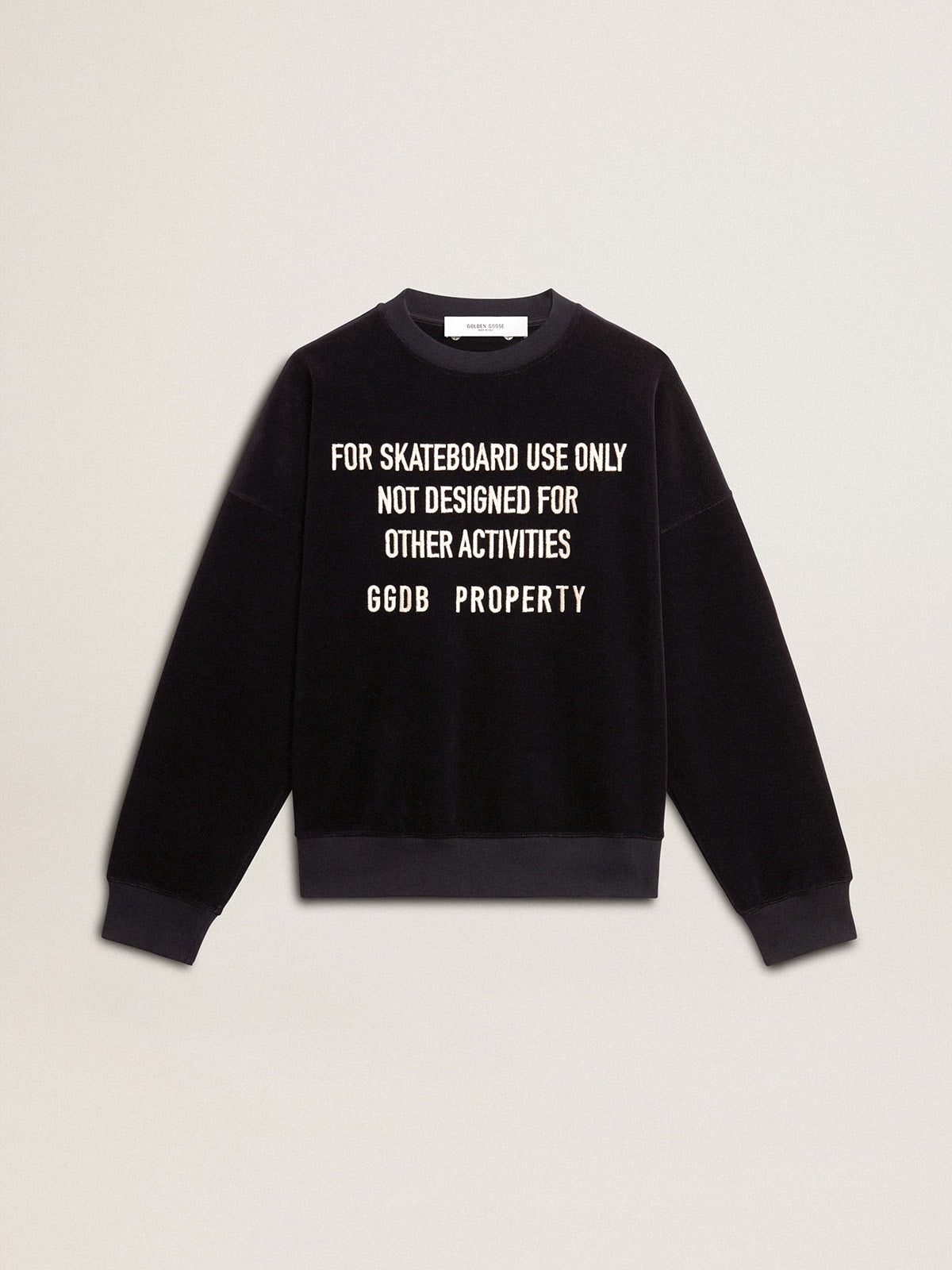 Black crew neck sweatshirt with embroidered lettering| Golden Goose