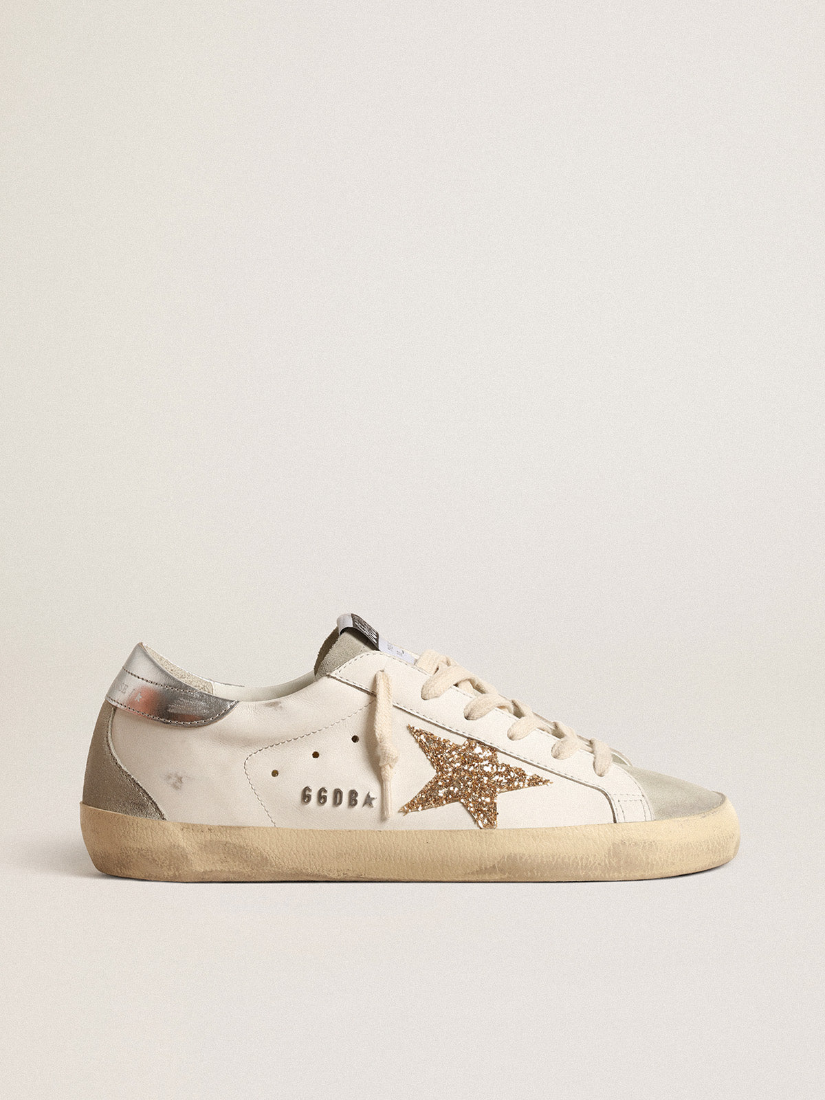 Super-Star with gold glitter star and ice-gray suede inserts| Golden Goose