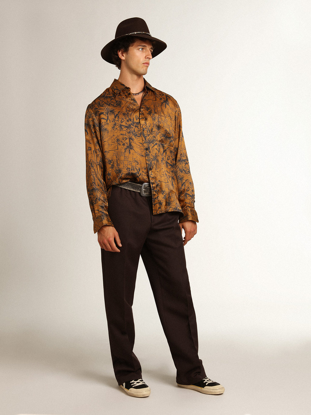 Men's golden brown shirt with notebook print| Golden Goose