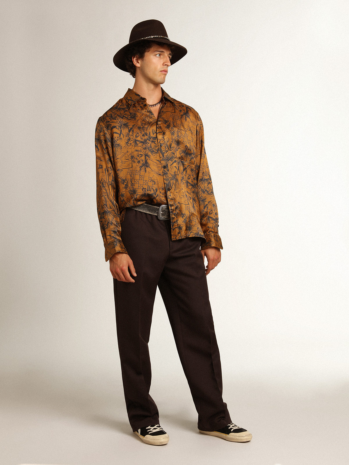 Men's golden brown shirt with notebook print| Golden Goose