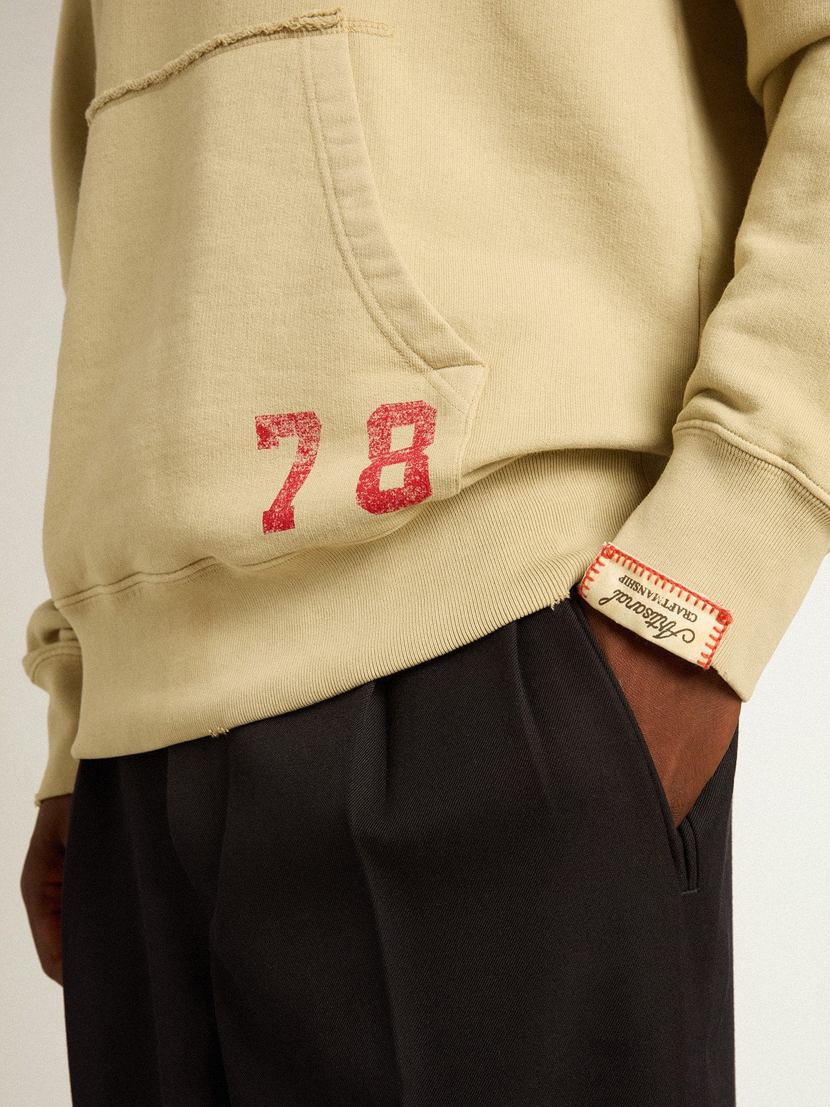Pale eucalyptus-colored hoodie with front pocket| Golden Goose