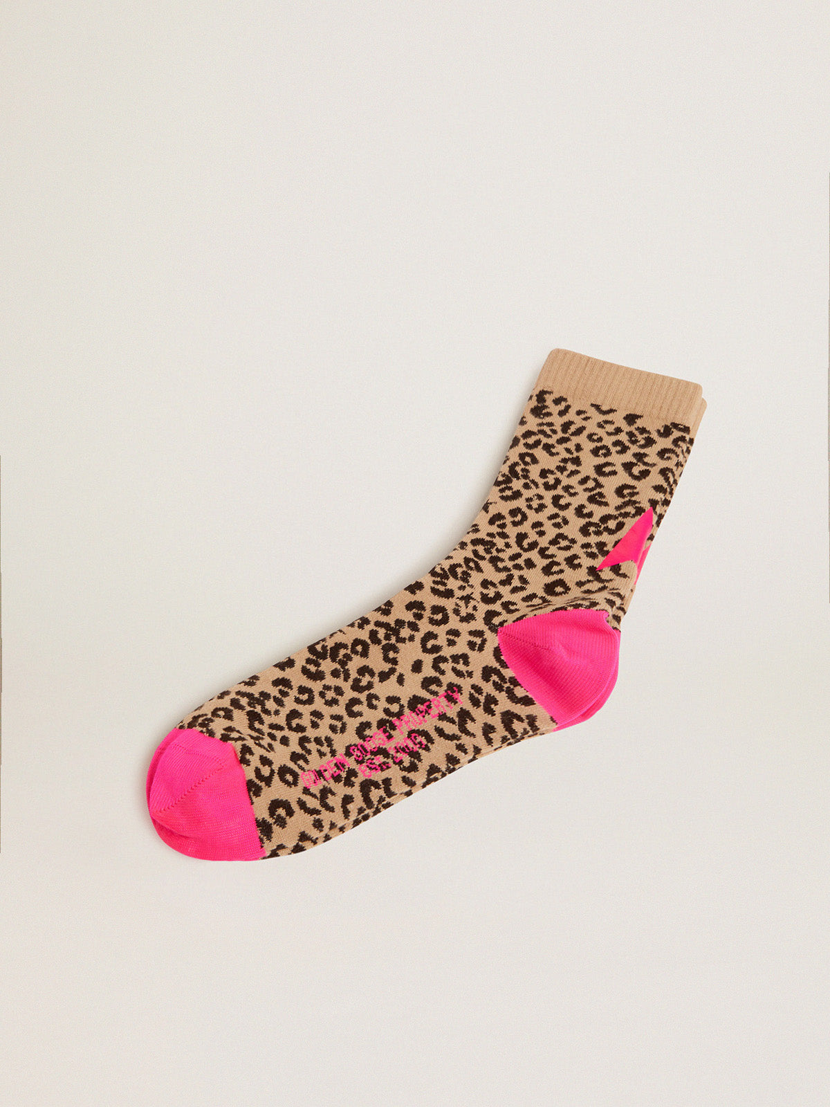 Animal-print socks with sand-colored base and fuchsia details| Golden Goose