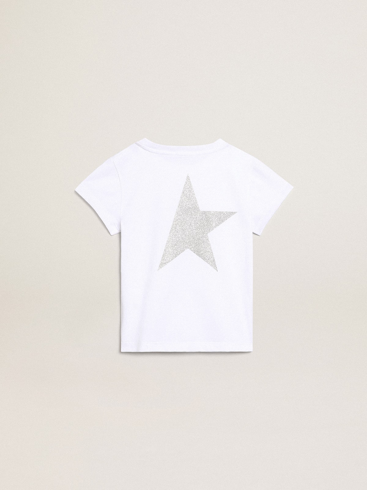 White and silver T-shirt with logo and maxi star in silver glitter| Golden Goose