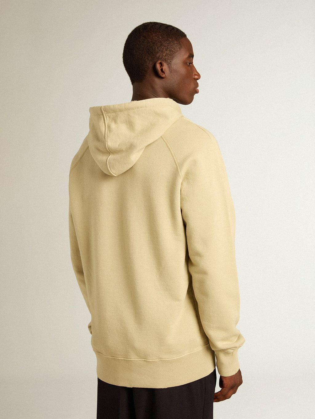 Pale eucalyptus-colored hoodie with front pocket| Golden Goose