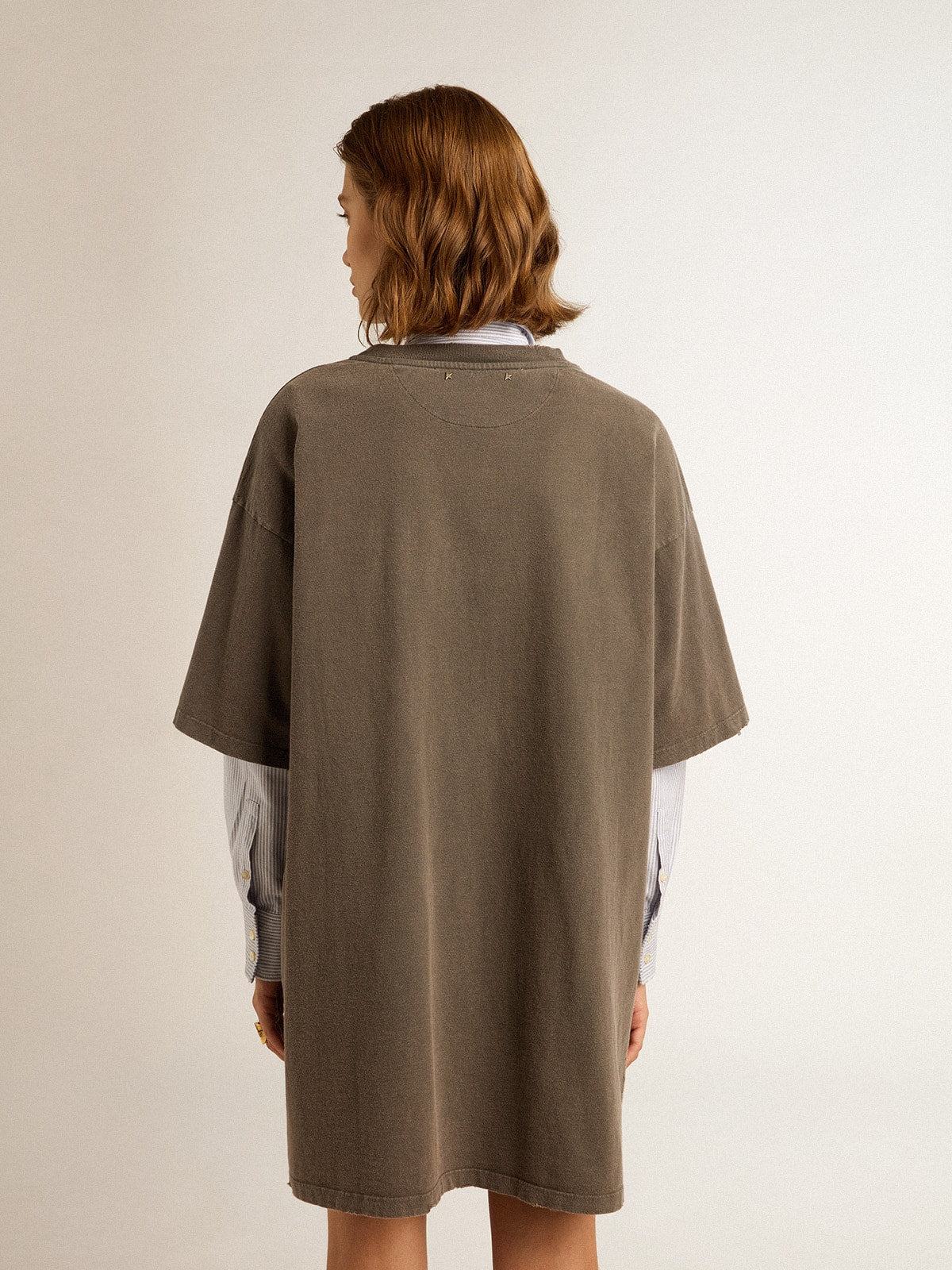 Women's gray T-shirt dress with distressed treatment| Golden Goose