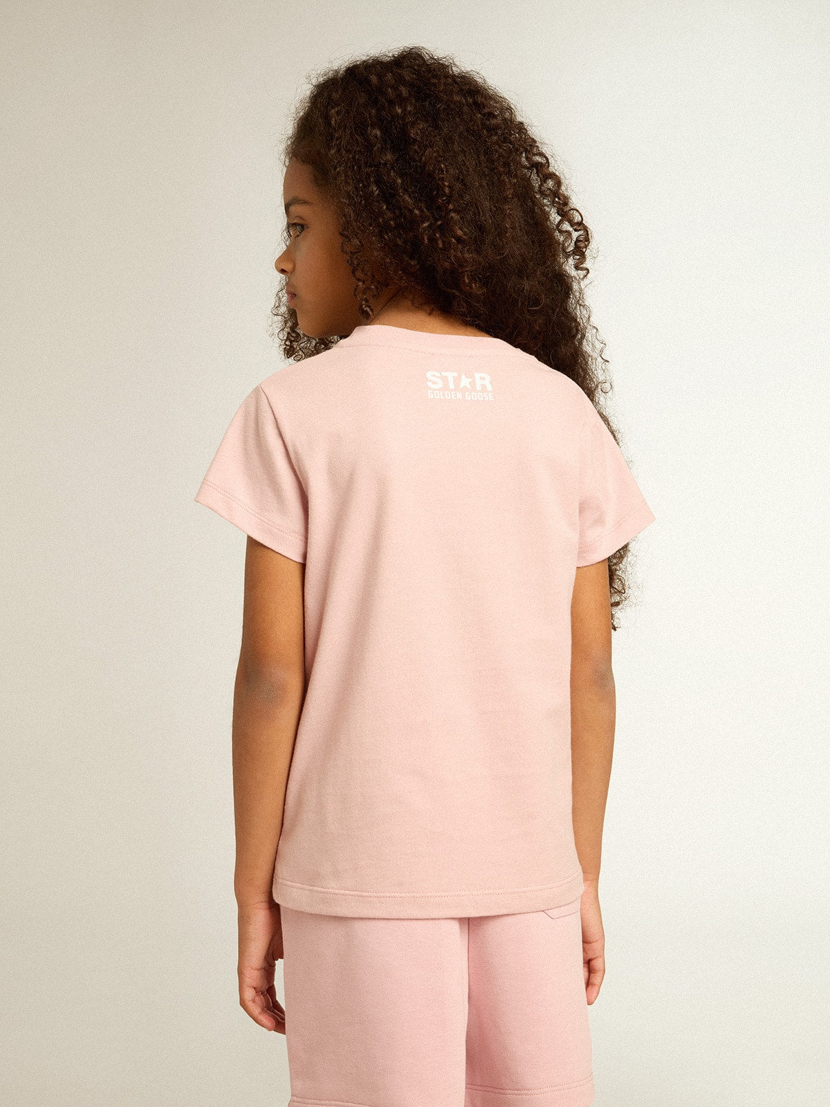 Girls' pink T-shirt with white logo and maxi star| Golden Goose