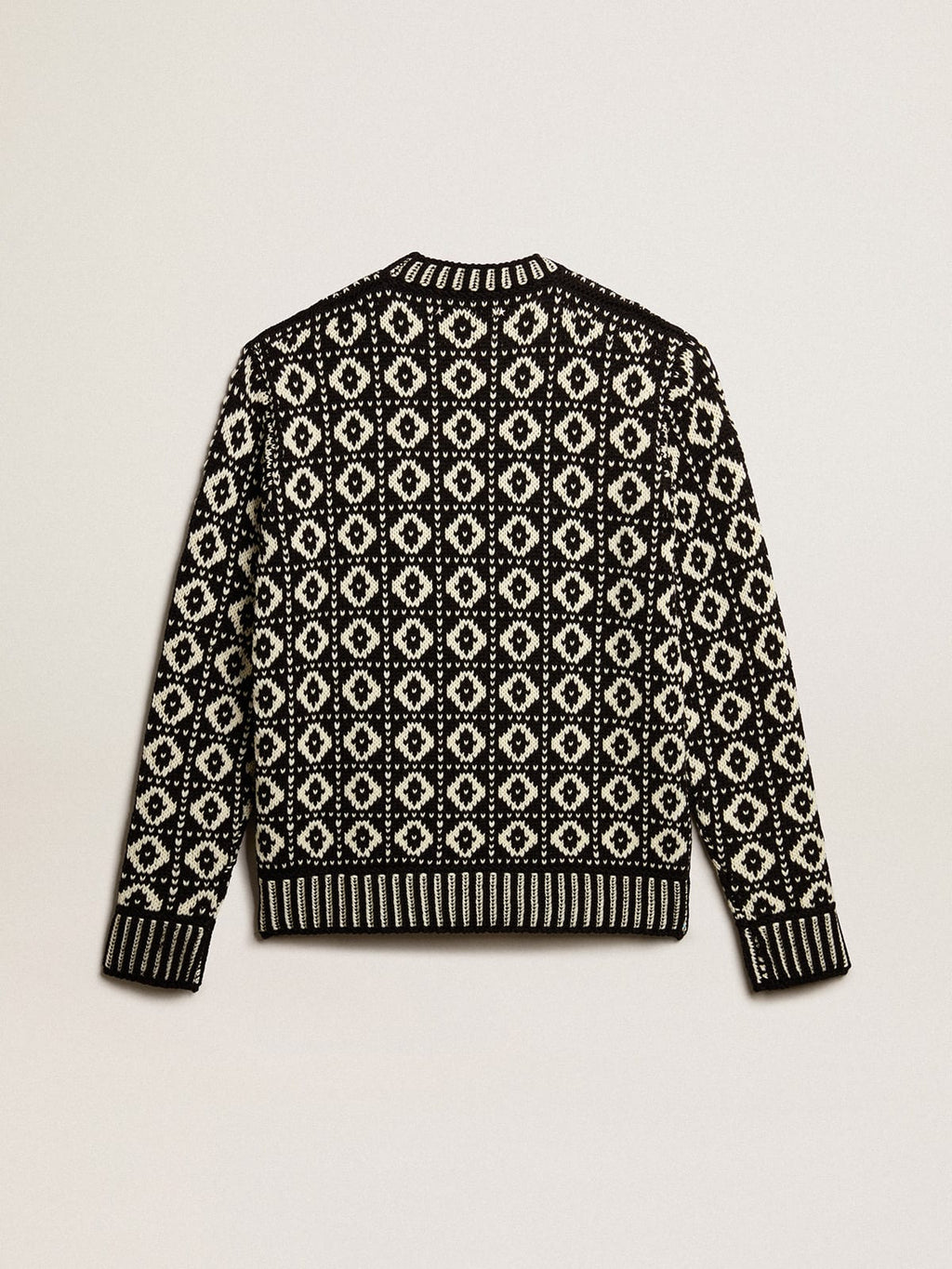 Round-neck sweater with geometric pattern in vintage white and black| Golden Goose