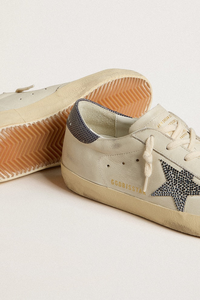 Super-Star LTD with cream-colored leather star with Swarovski crystals and blue leather heel tab with lizard print| Golden Goose