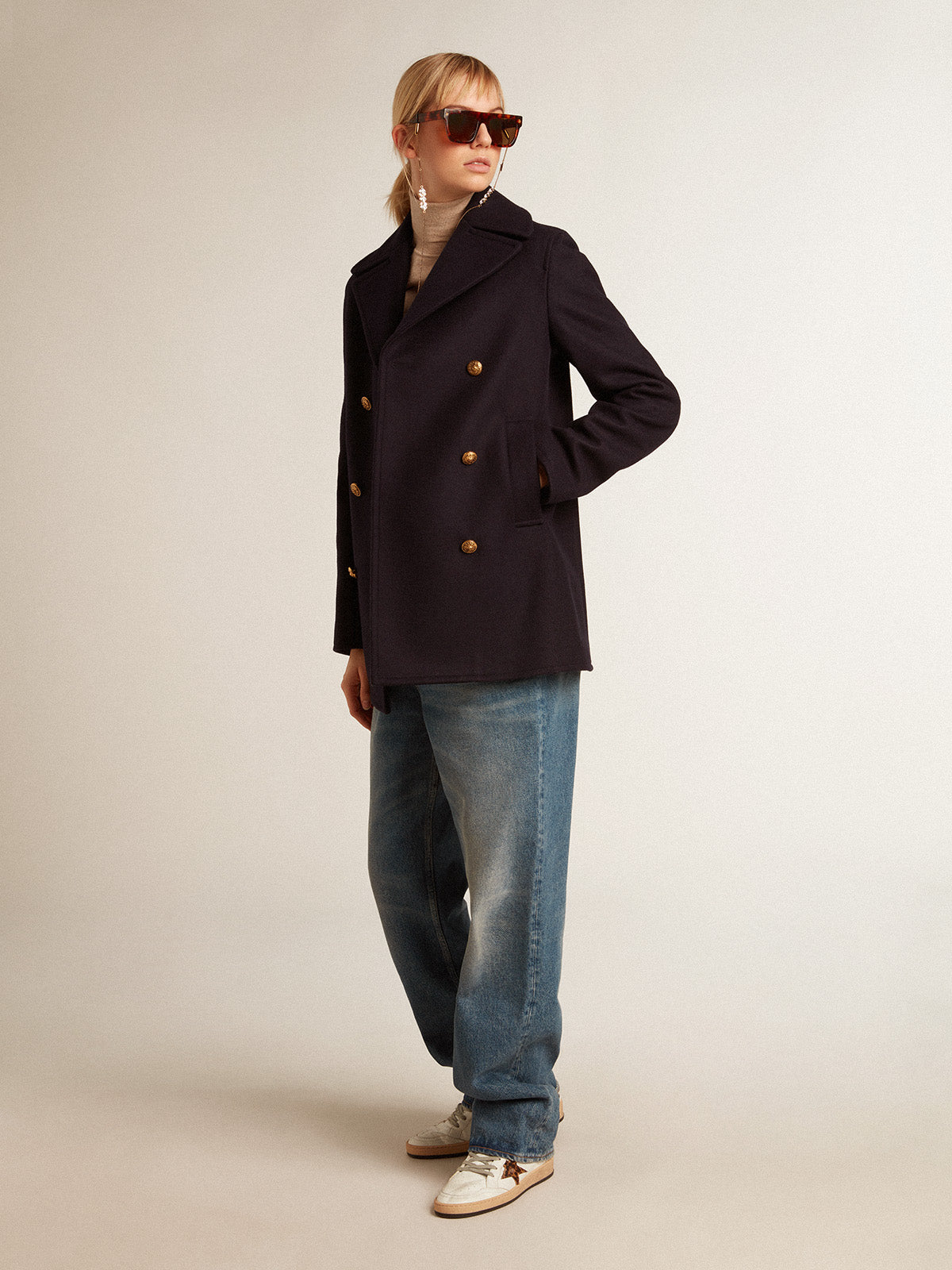 Women's dark blue peacoat with gold-colored heraldic buttons| Golden Goose