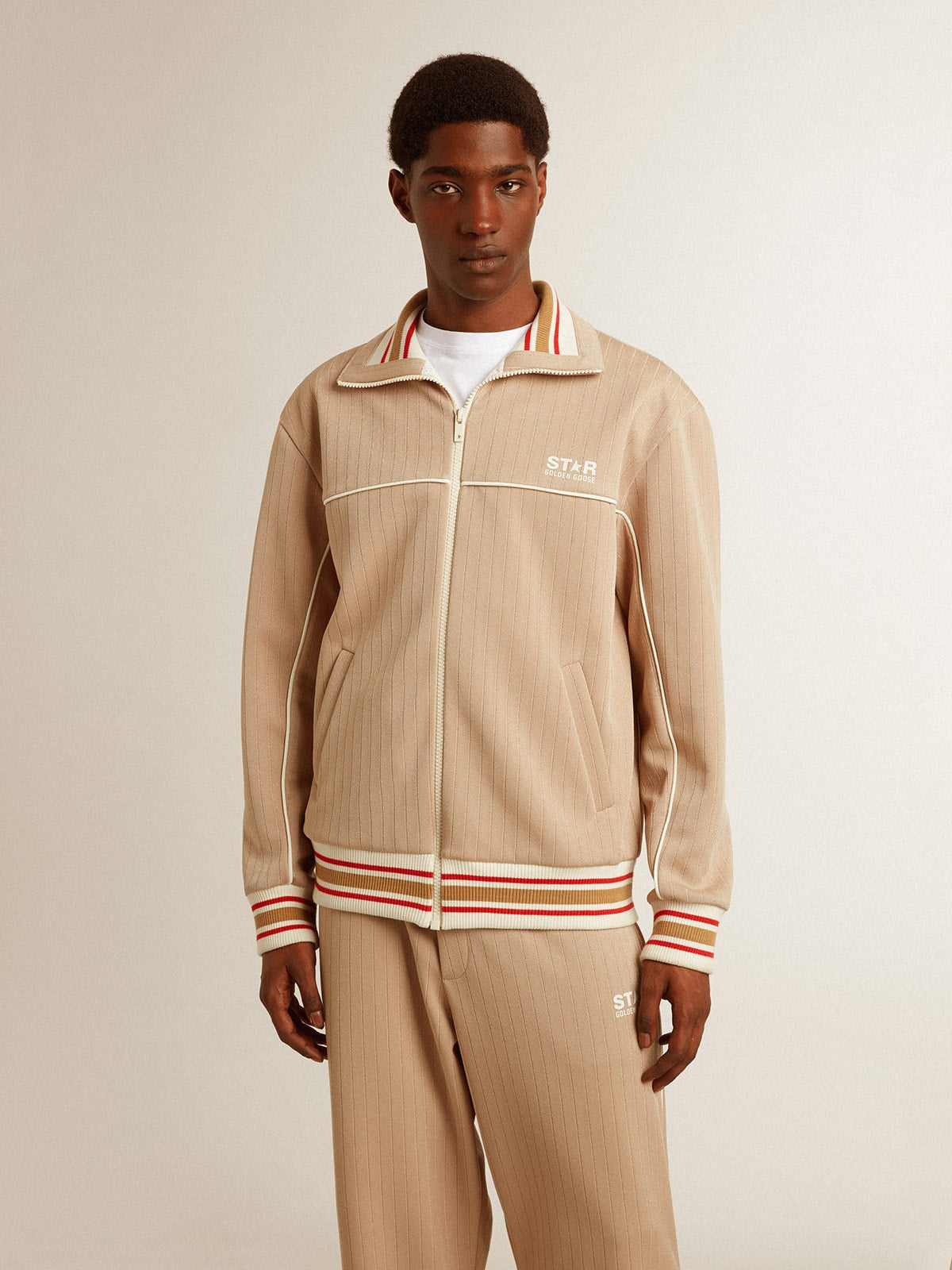 Men's light beige zipped sweatshirt with white logo| Golden Goose