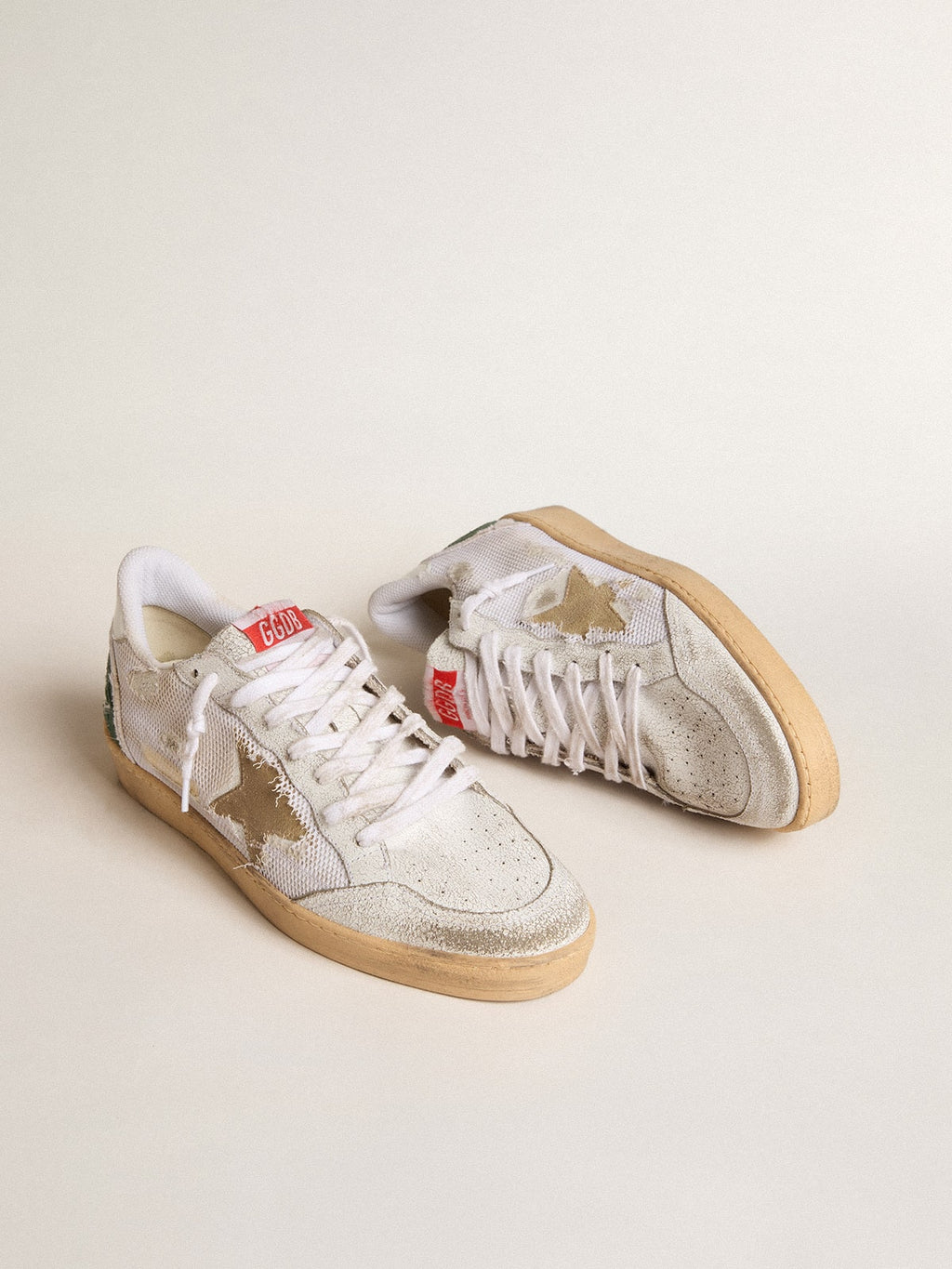 Ball Star LTD in white crackle leather and mesh with suede star| Golden Goose
