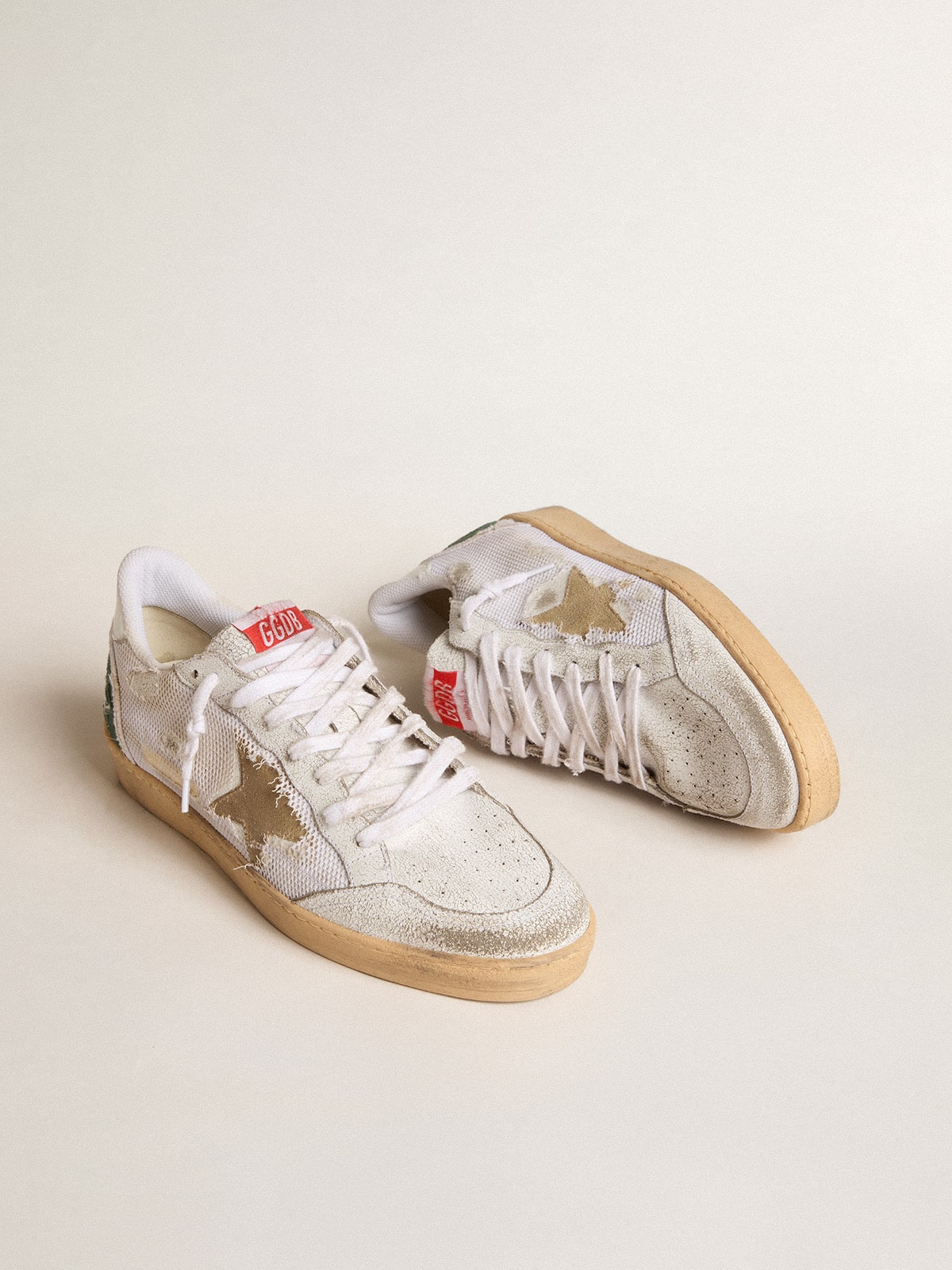 Ball Star LTD in white crackle leather and mesh with suede star| Golden Goose