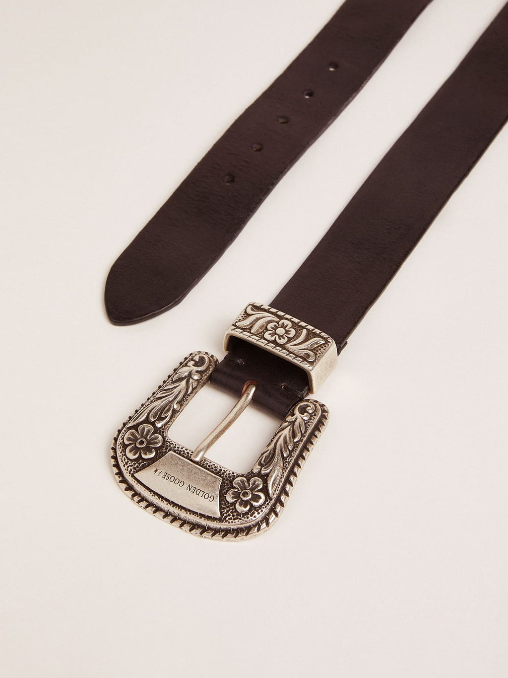 Women's belt in black leather with silver decorated buckle| Golden Goose