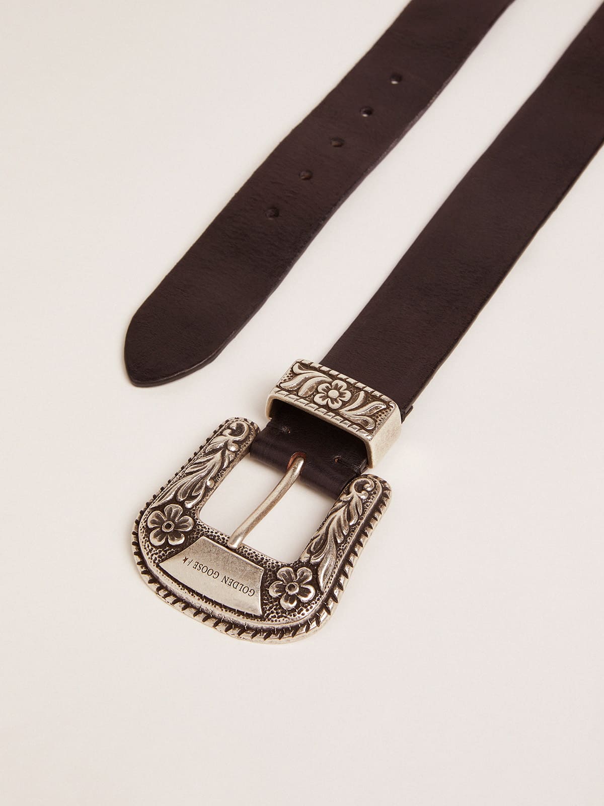 Women's belt in black leather with silver decorated buckle| Golden Goose