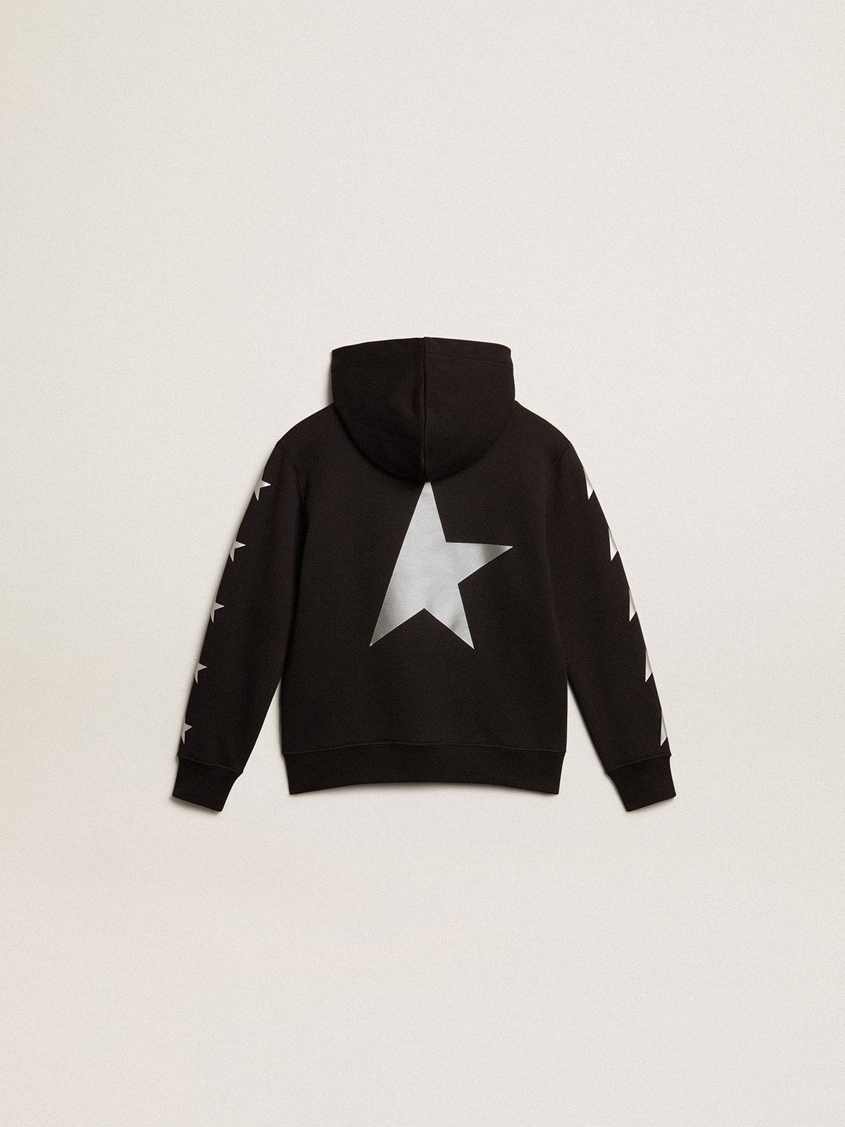 Boys' hooded sweatshirt in black with contrasting silver stars| Golden Goose