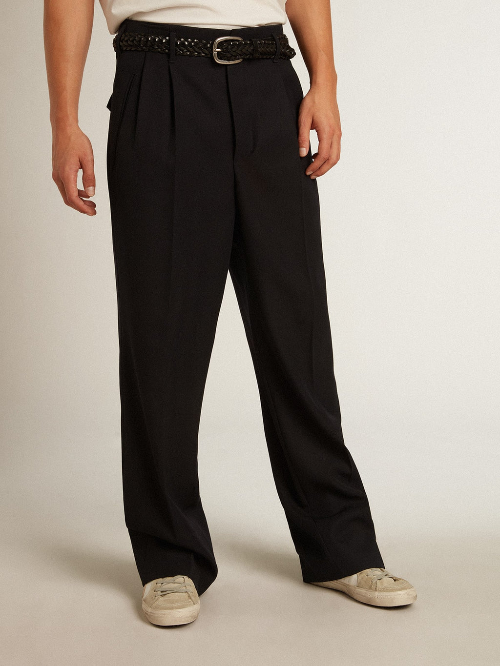 Men's wide leg pants in dark blue wool| Golden Goose