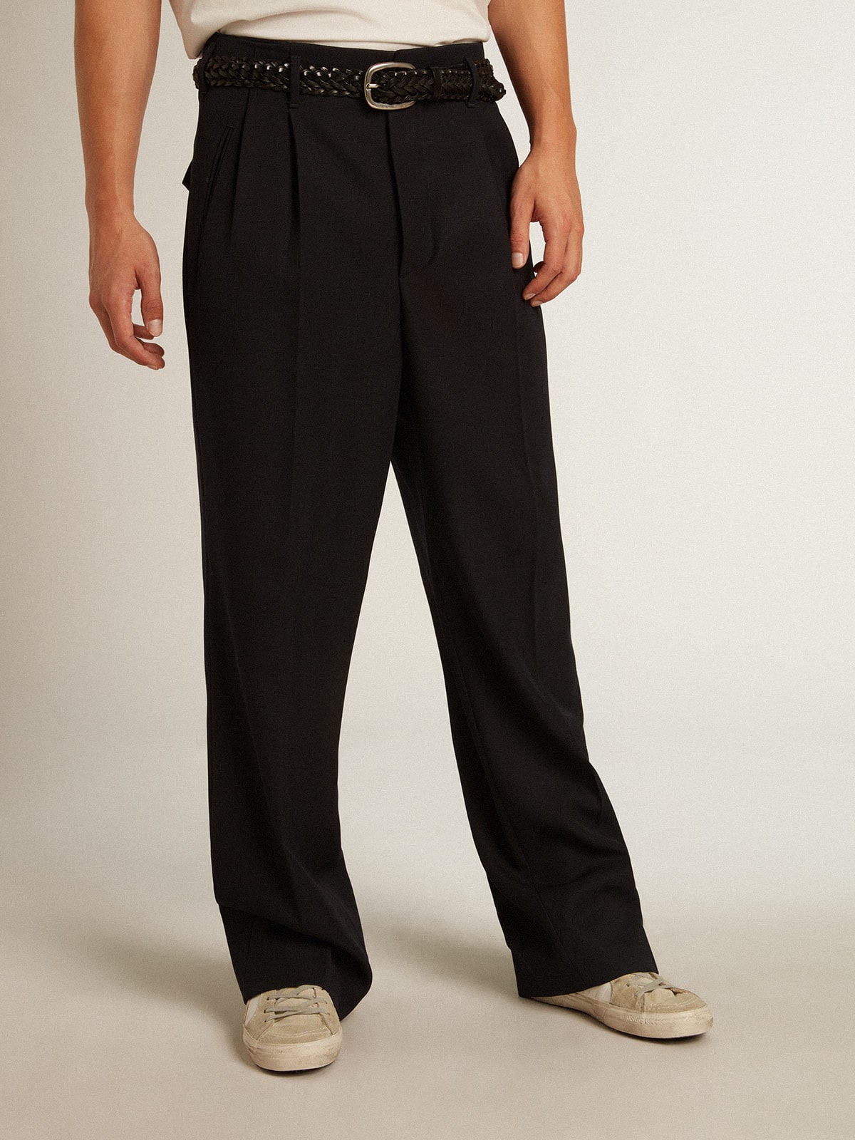 Men's wide leg pants in dark blue wool| Golden Goose