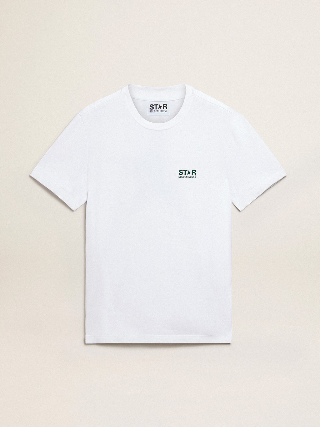 Men's white T-shirt with contrasting green logo and star| Golden Goose