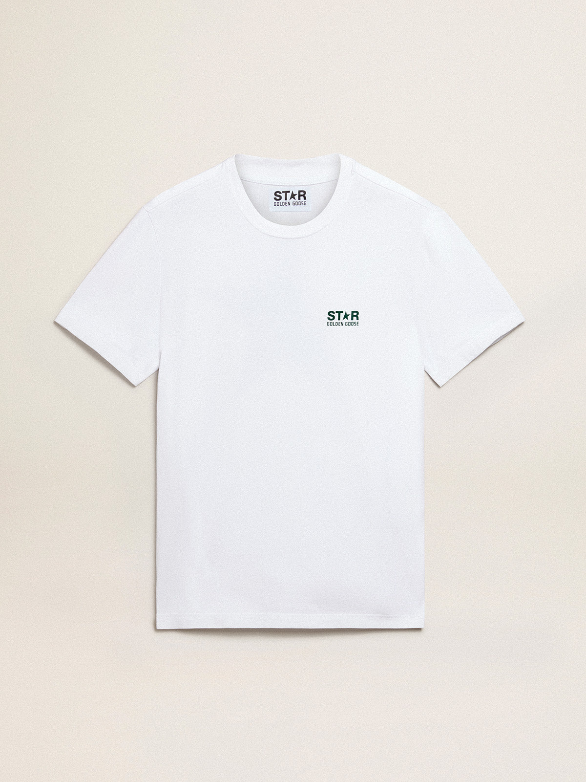 Men's white T-shirt with contrasting green logo and star| Golden Goose