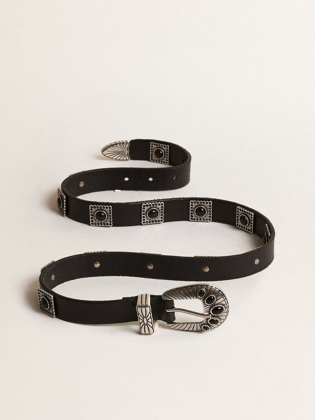 Shell belt in black leather with silver colored studs| Golden Goose
