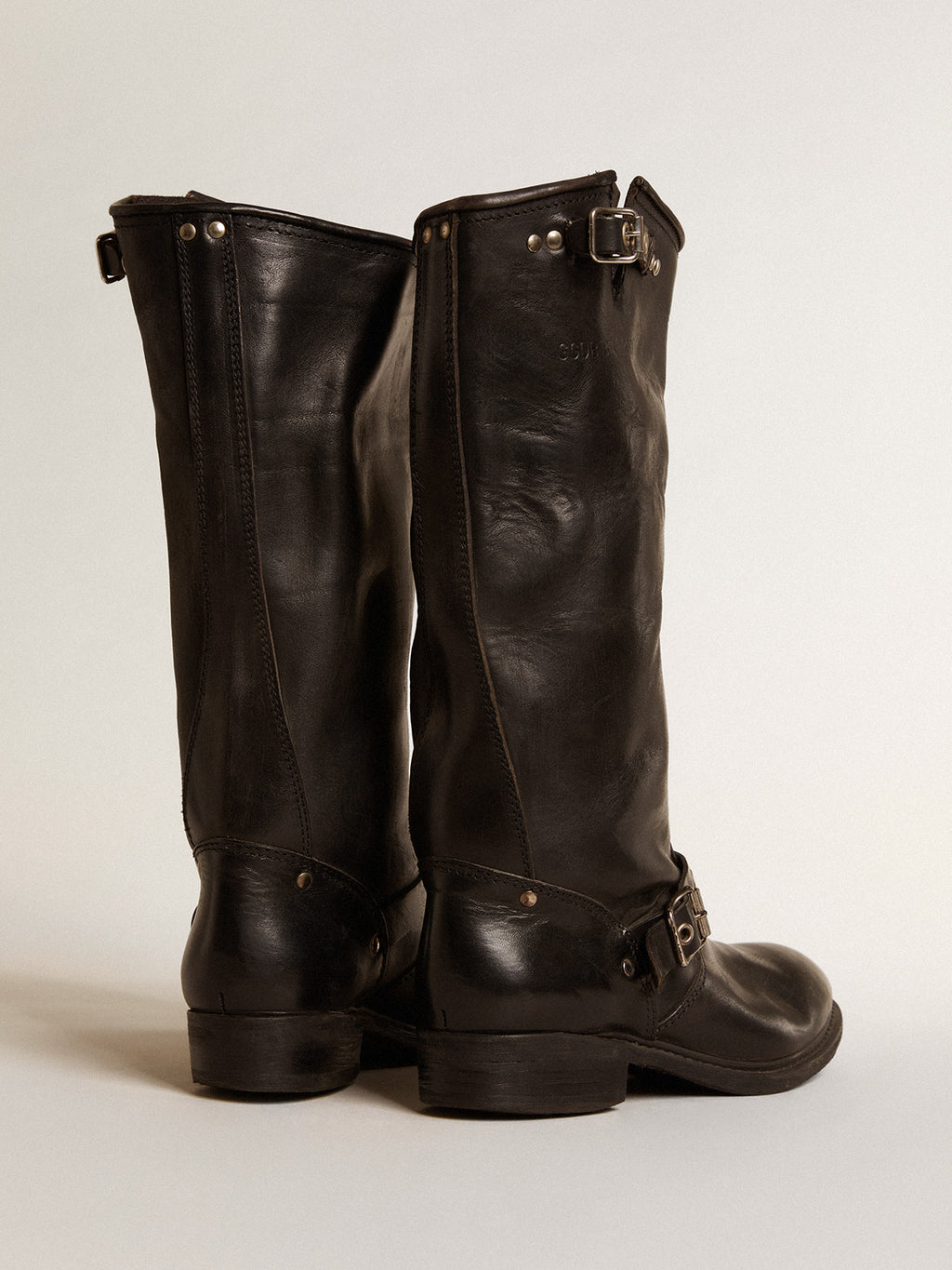High Biker boots in black leather with silver studs and buckles| Golden Goose