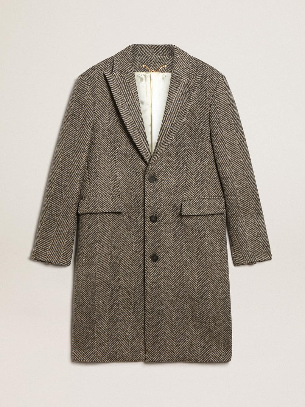 Men's single-breasted wool coat with beige and gray herringbone weave| Golden Goose