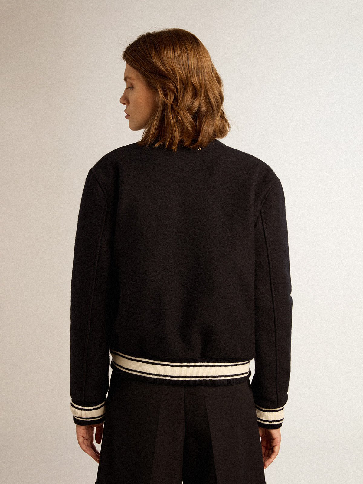 Women's bomber jacket in dark blue wool with white details| Golden Goose