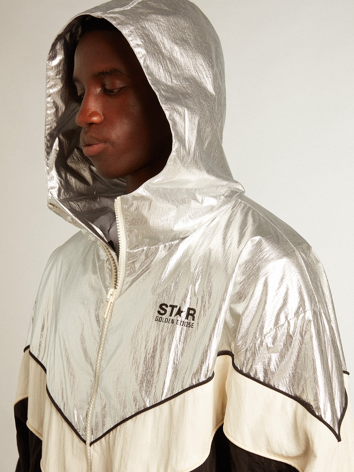 Men's windcheater in silver and black technical fabric| Golden Goose