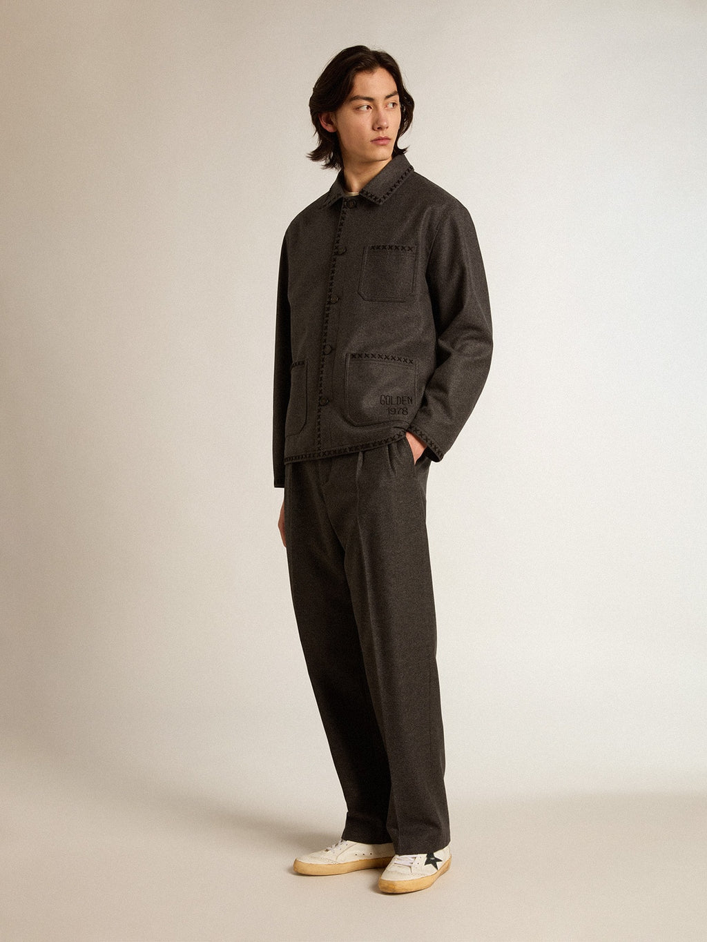 Gray melange woolen jacket with button fastening| Golden Goose