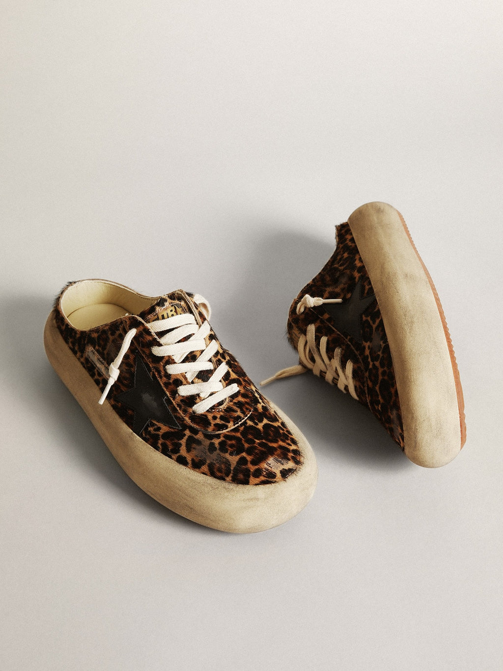 Women's Space-Star Sabot in leopard print pony skin with black star| Golden Goose