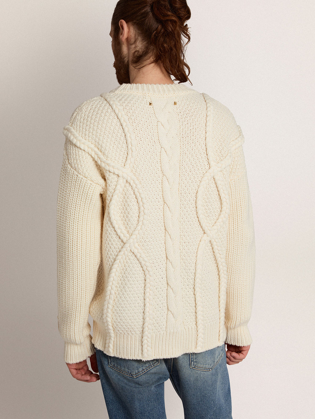 Men's crew-neck sweater in white wool| Golden Goose