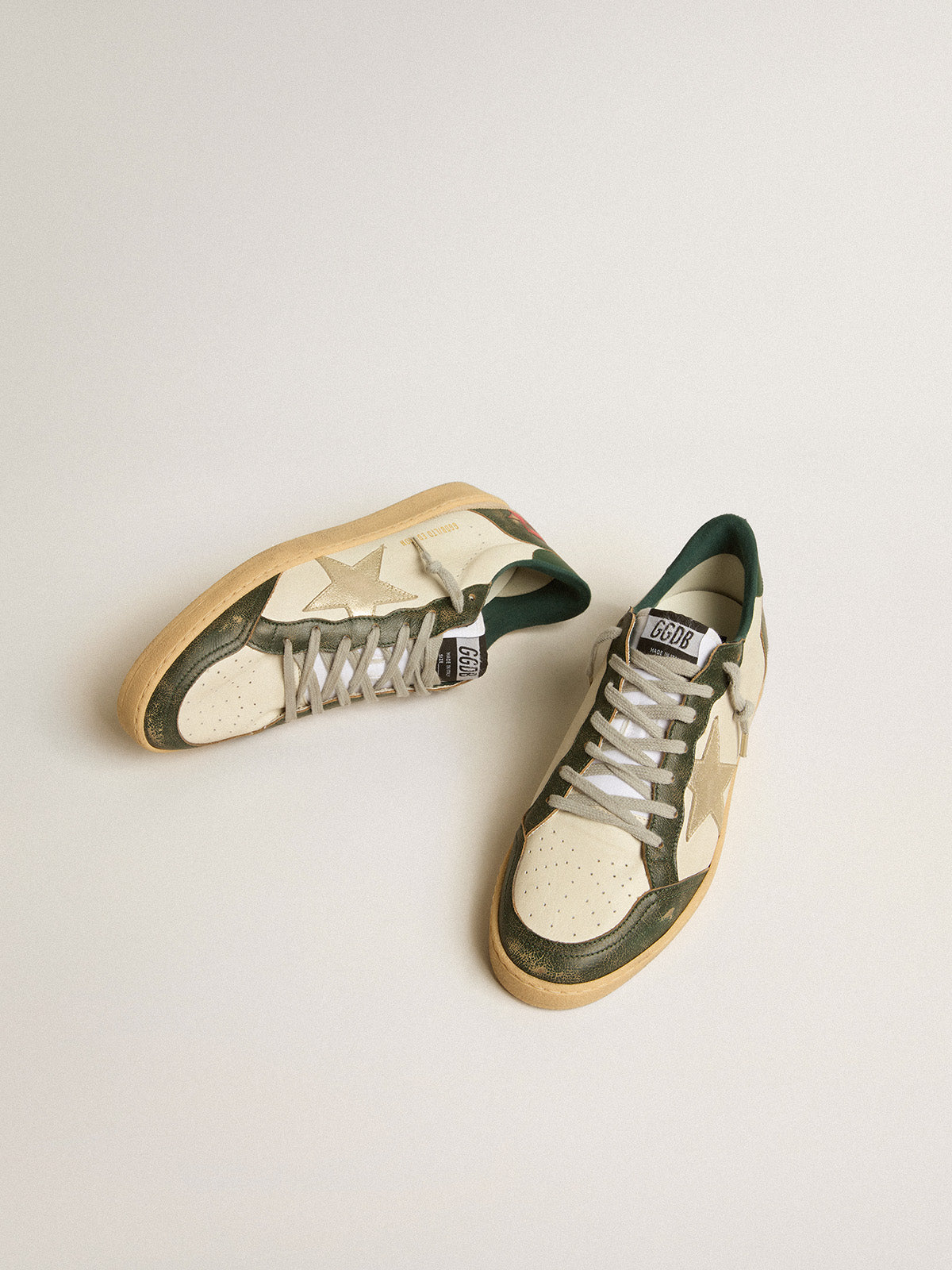 Ball Star LTD with platinum leather star and green leather heel tab| Golden Goose
