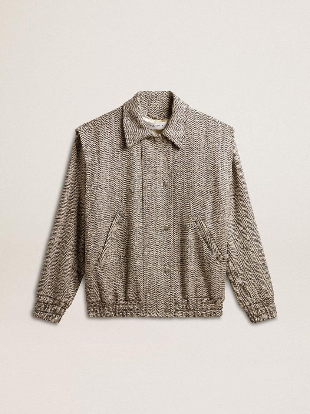 Women's bomber jacket in ecru brown herringbone wool| Golden Goose
