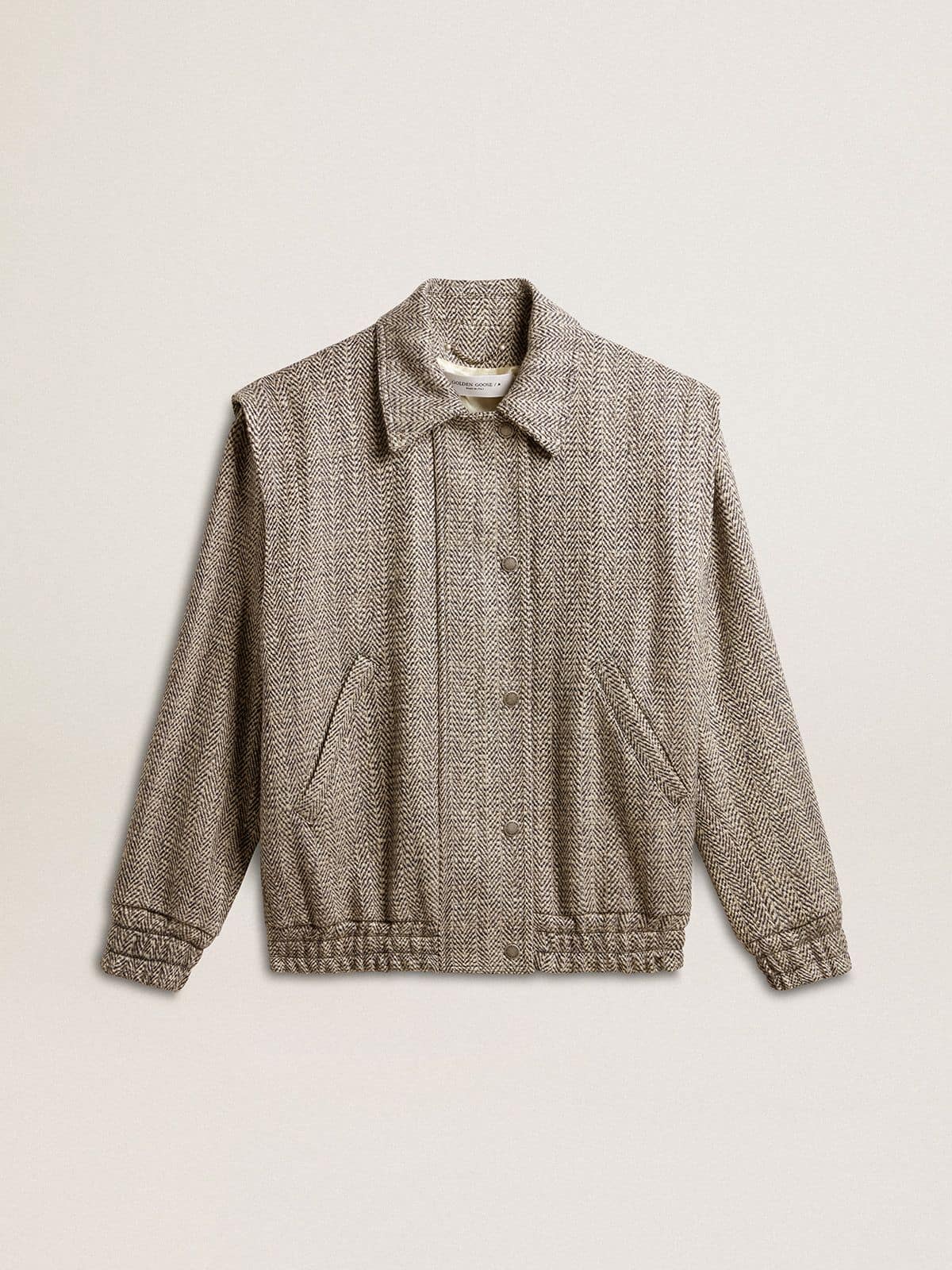 Women's bomber jacket in ecru brown herringbone wool| Golden Goose