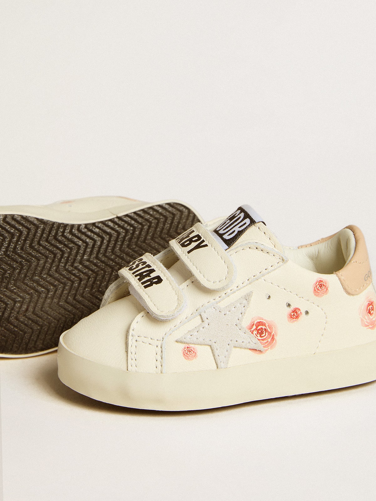 Baby School in nappa leather with pink rose motif and white suede star| Golden Goose