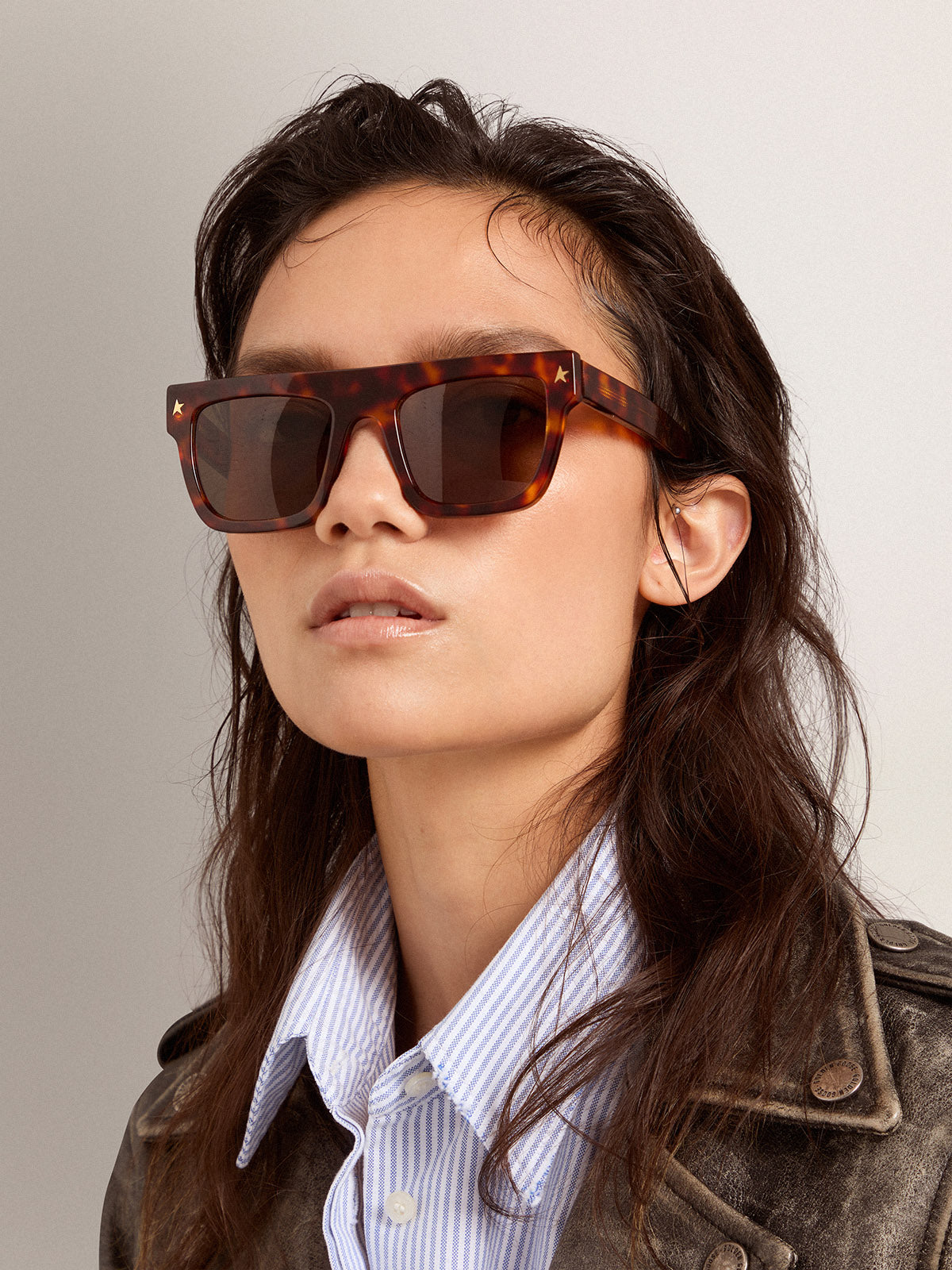 Square model sunglasses with havana frame and gold details| Golden Goose