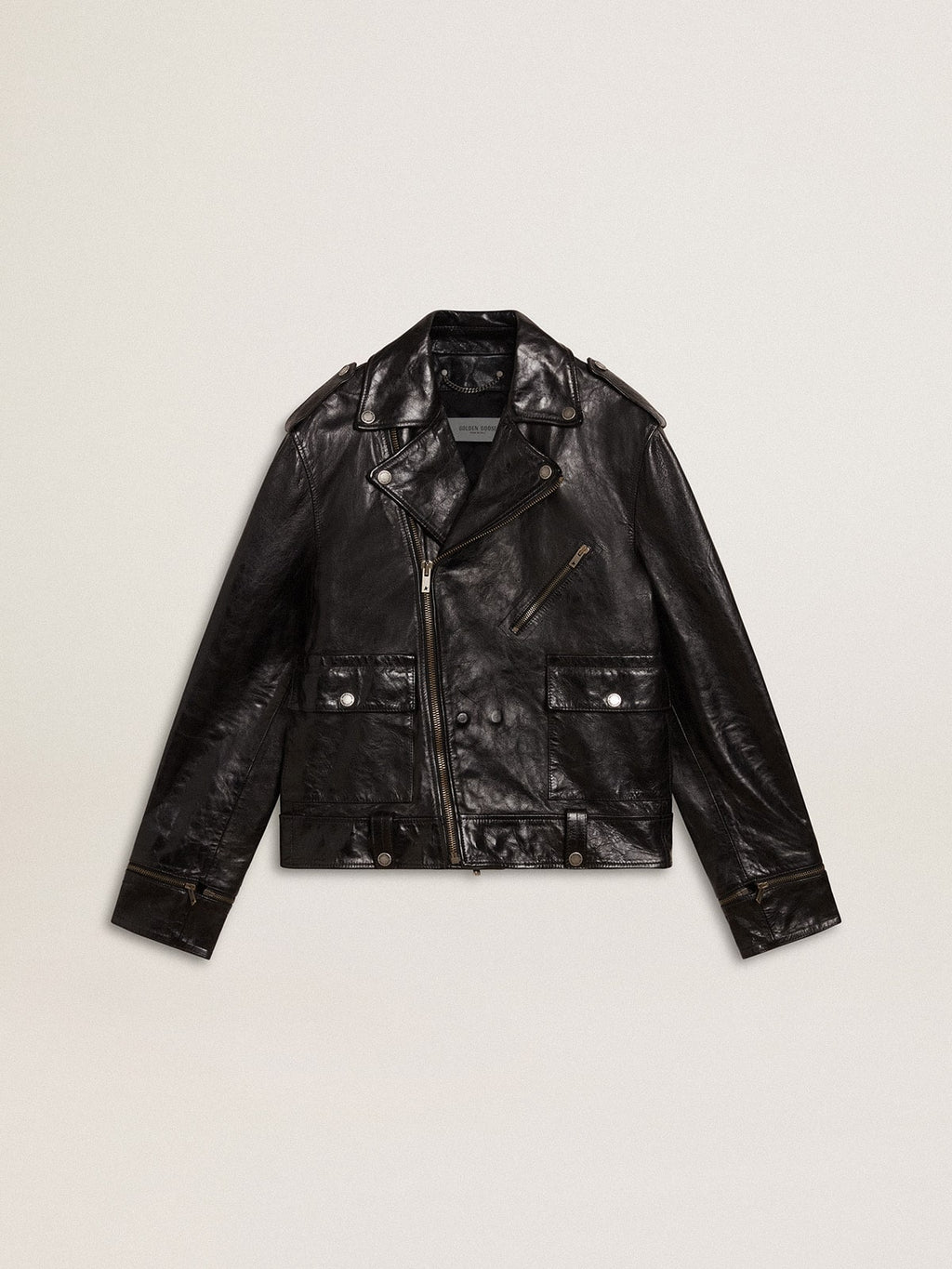 Men's black leather biker jacket with glossy effect| Golden Goose