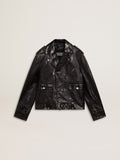 Men's black leather biker jacket with glossy effect| Golden Goose