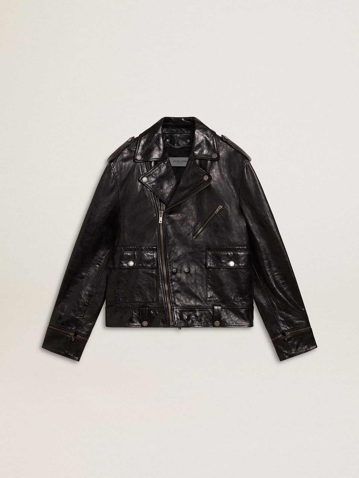 Men's black leather biker jacket with glossy effect| Golden Goose