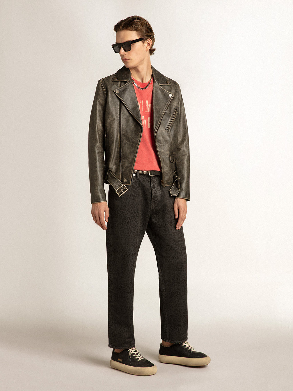 Men's gray jeans with leopard print| Golden Goose