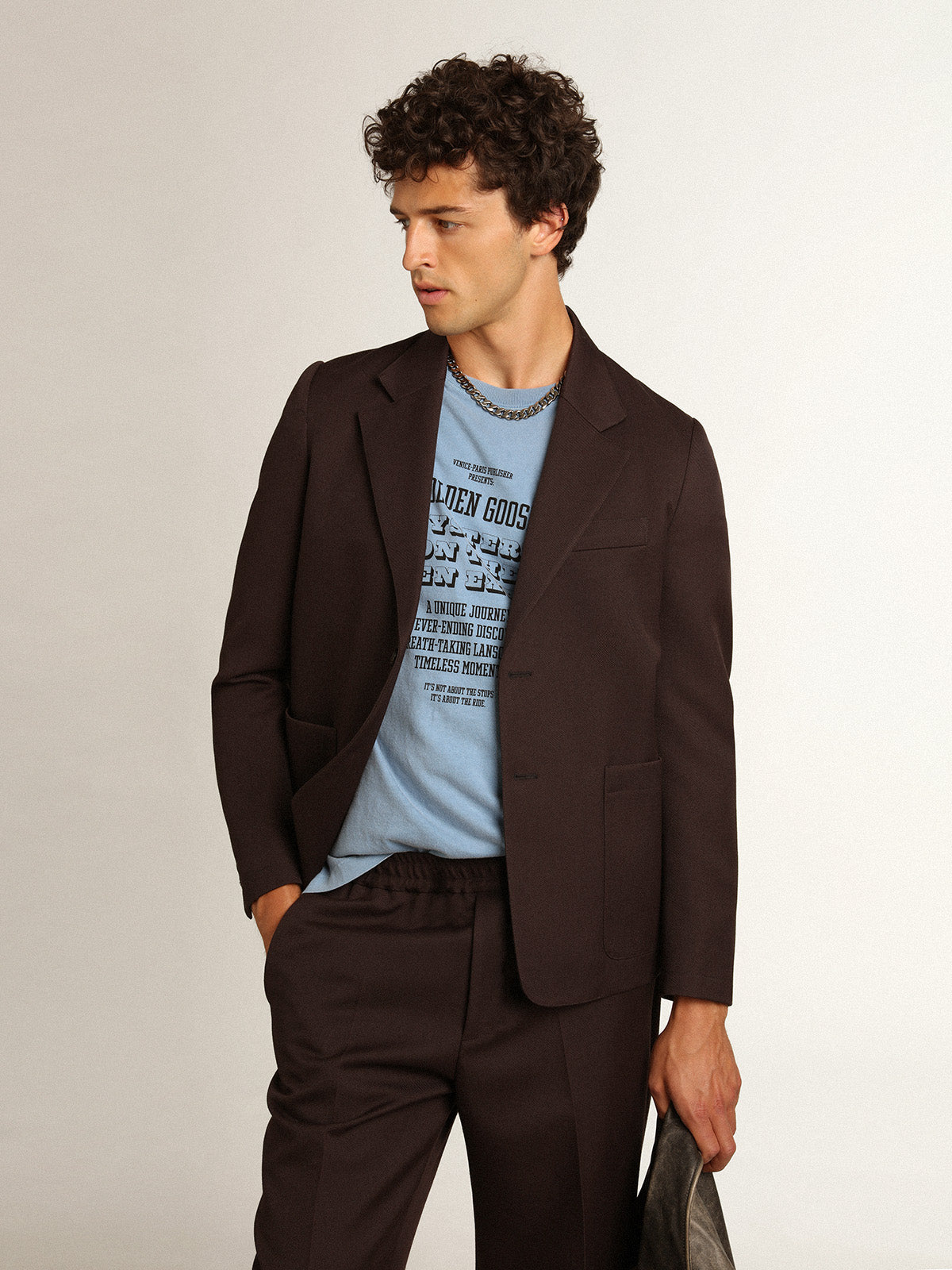 Men's single-breasted blazer in licorice wool gabardine| Golden Goose