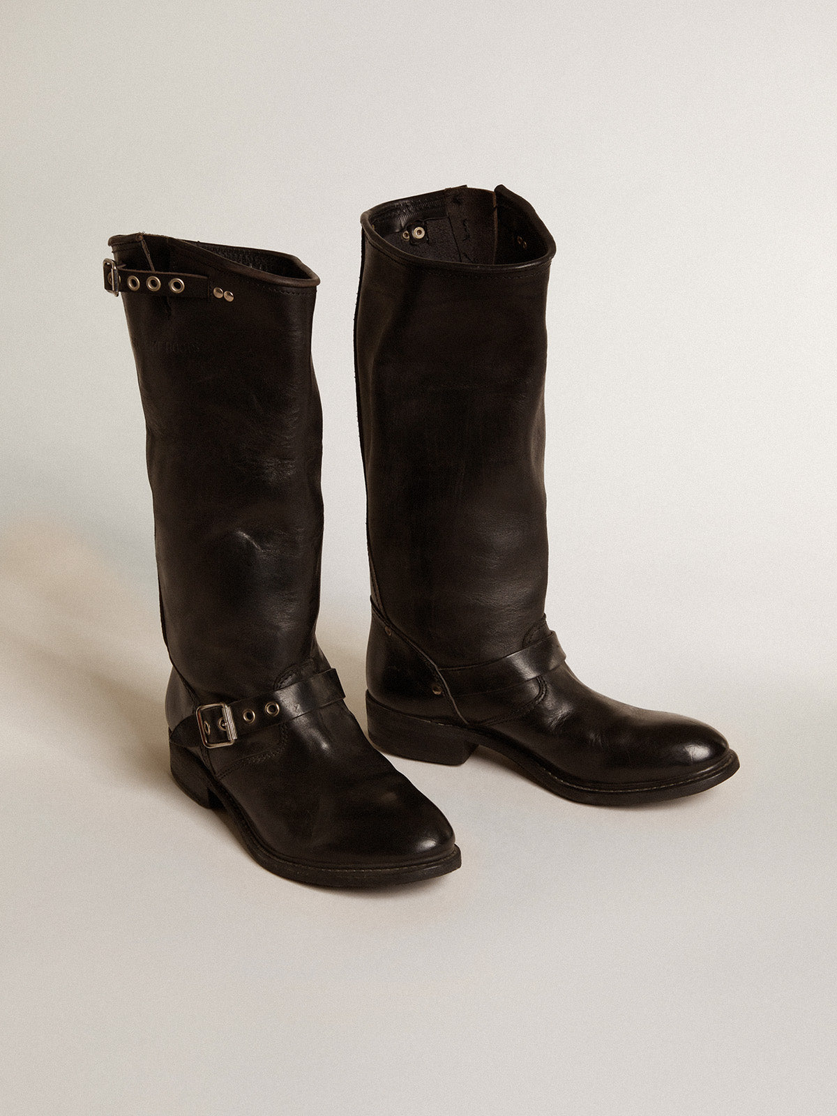 High Biker boots in black leather with silver studs and buckles| Golden Goose