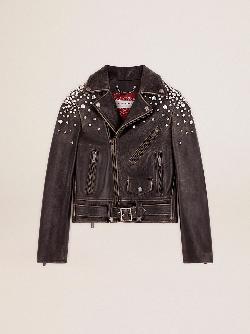 Women's leather biker jacket with crystals| Golden Goose