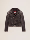 Women's leather biker jacket with crystals| Golden Goose