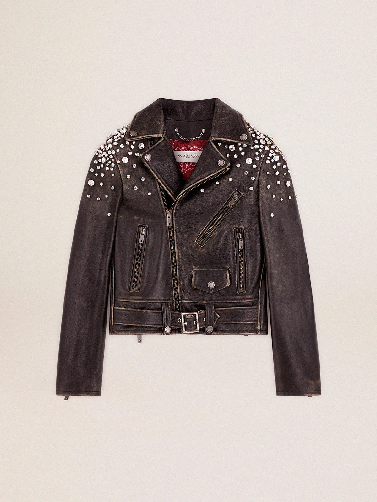 Women's leather biker jacket with crystals| Golden Goose