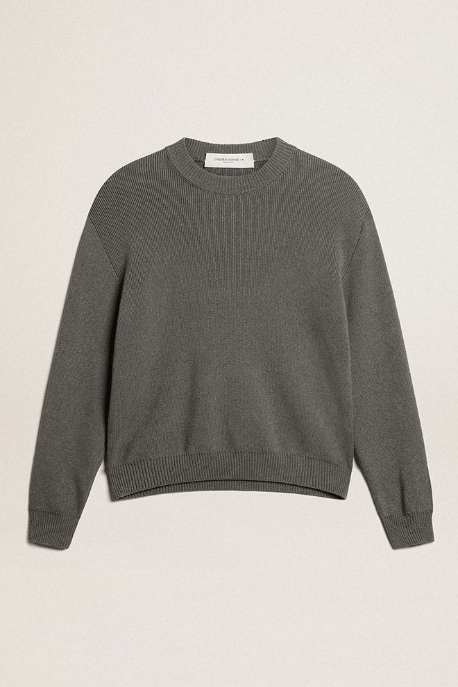 Women's round-neck sweater in dark gray cotton with logo on the back| Golden Goose